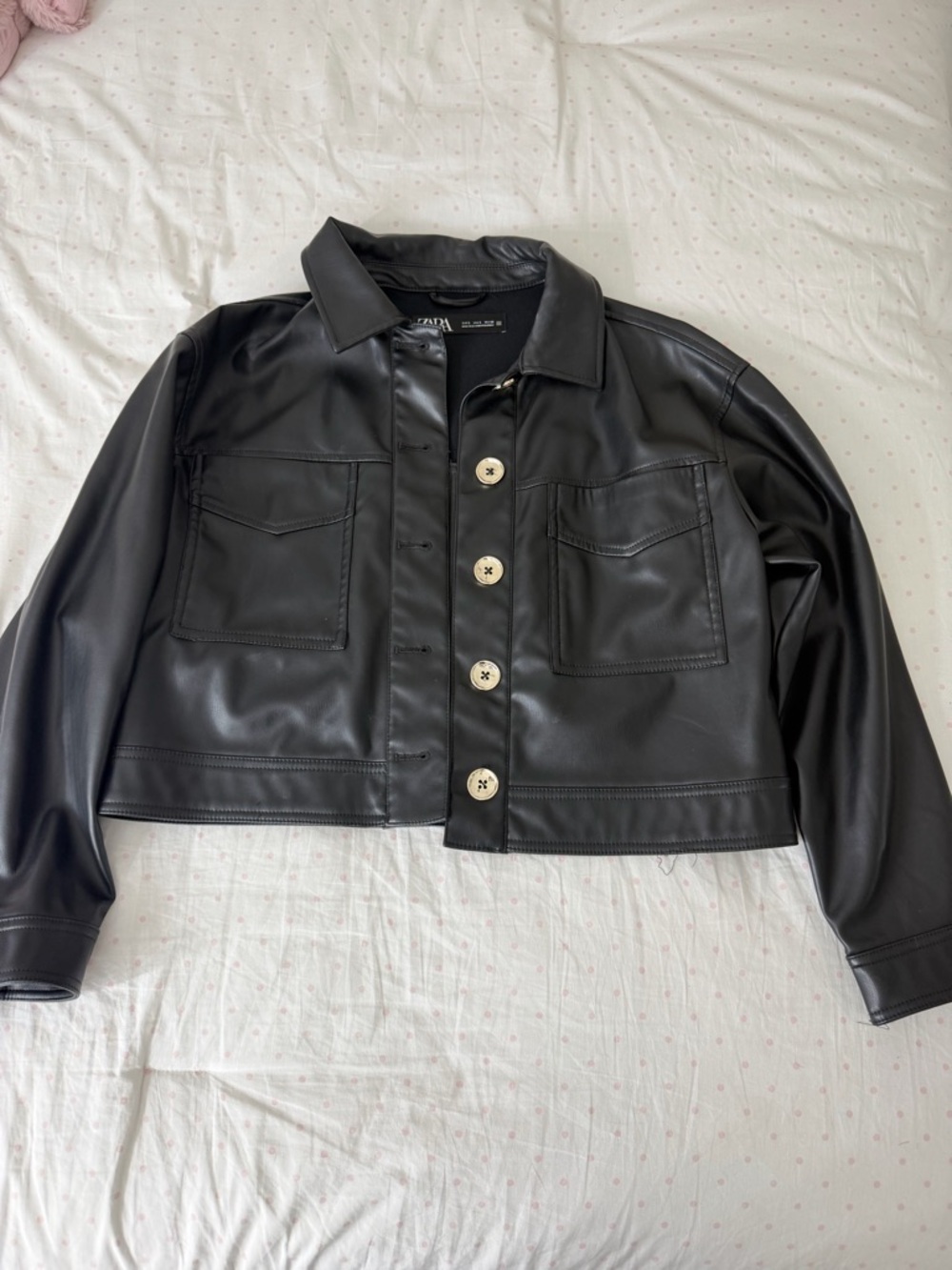 Zara Black Faux Leather Button-Front Cropped Jacket